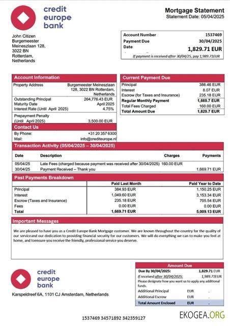 Modèle Word et PDF de relevé hypothécaire de la Banque Credit Europe des Pays , Bas